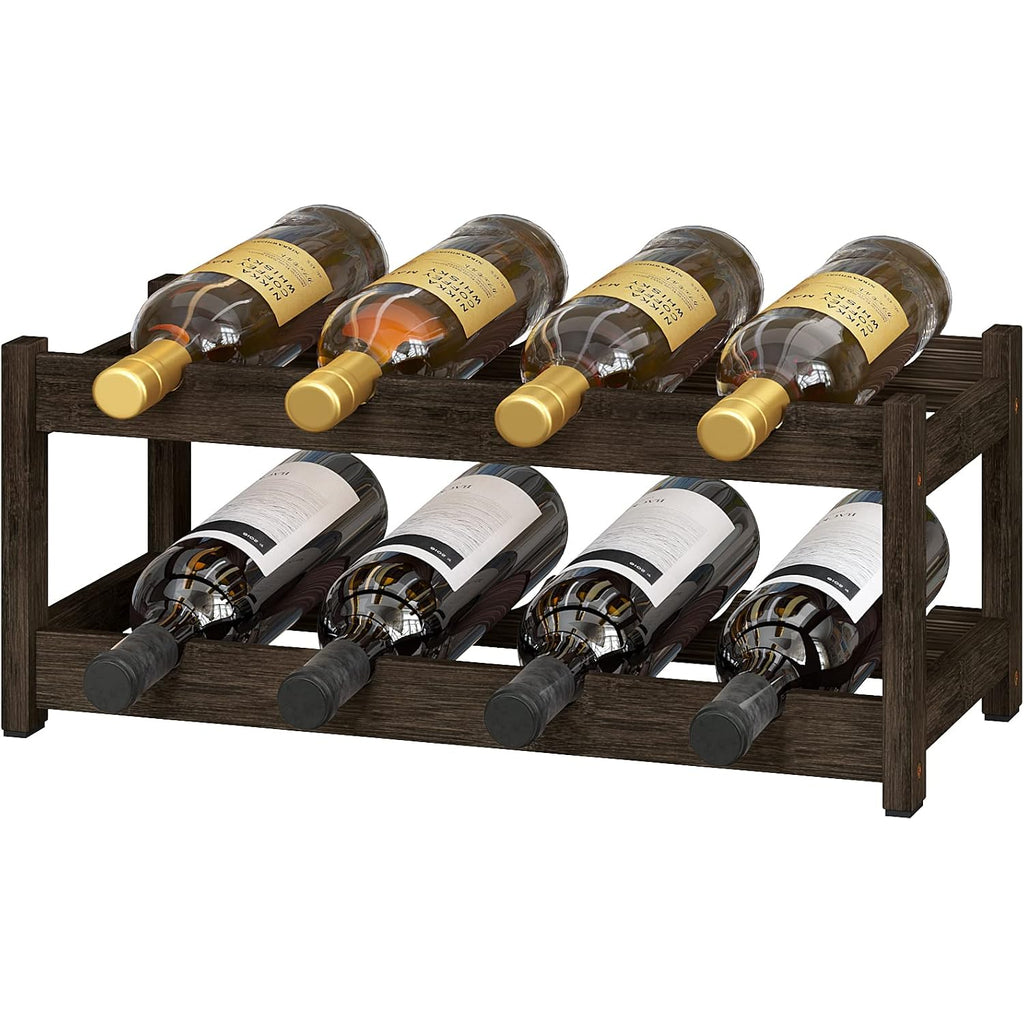 Bameos Wine Rack Freestanding 2 Tier 8 Bottle Bamboo Wine Racks Countertop Cabinet Wine Holder Wine Storage Shelf For, Bar, Pantry Wine Cellar Basement Countertop Mocha (16.85 L X 9.25W X 7H