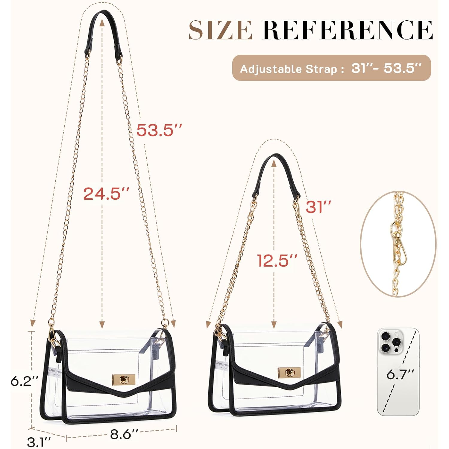 Missnine Clear Bag for Stadium Events Clear Crossbody Purse Stadium Approved Women Transparent Shoulder Bag for Concerts