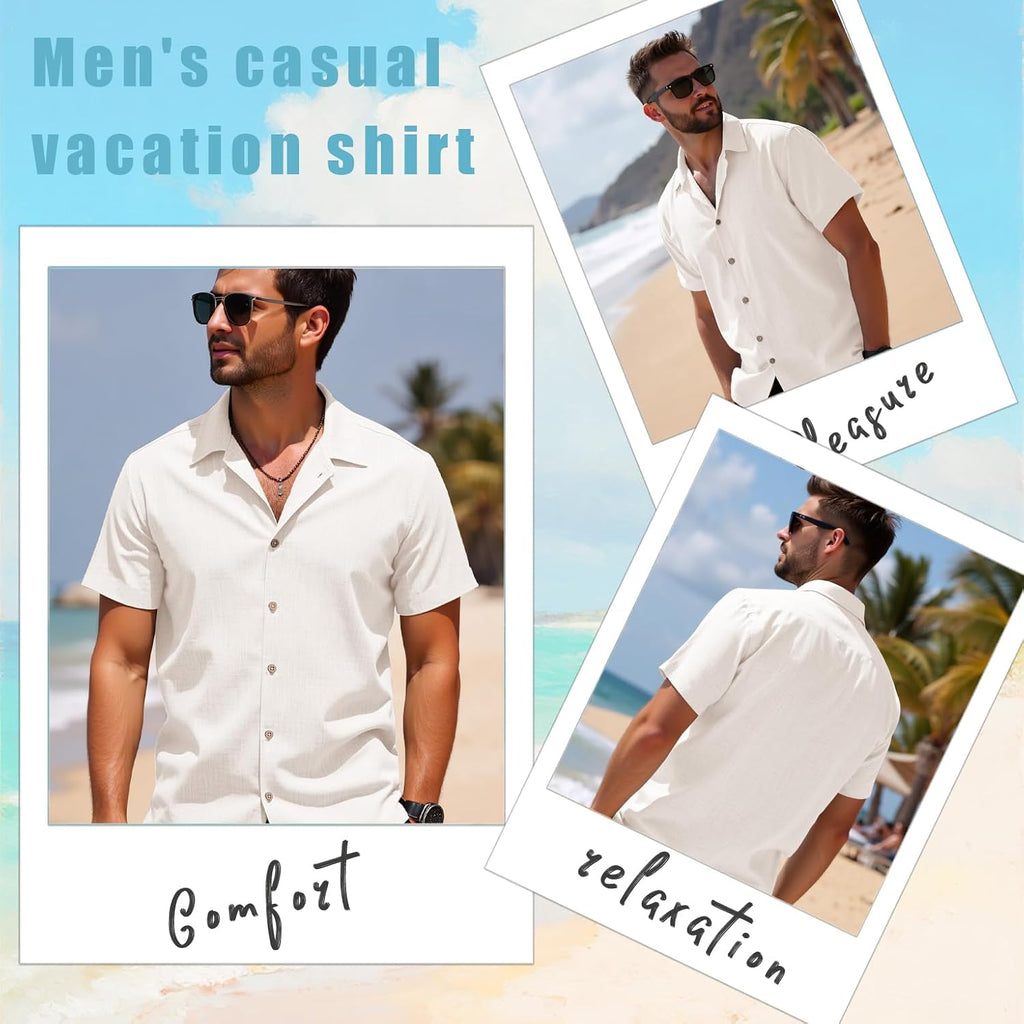 Curbodo Linen Blend Shirts For Men Casual Short Sleeve Button Down Shirt Cool Summer Beach Wedding Vacation Tops