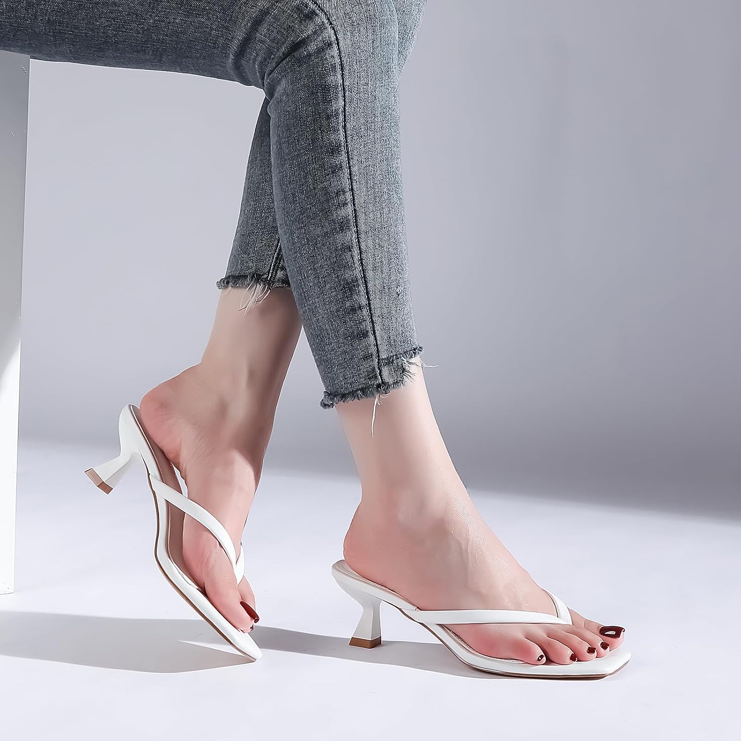 Kitten Flip Flop Thong Low Heels For Women Square Open Toe Slip On Heeled Sandals