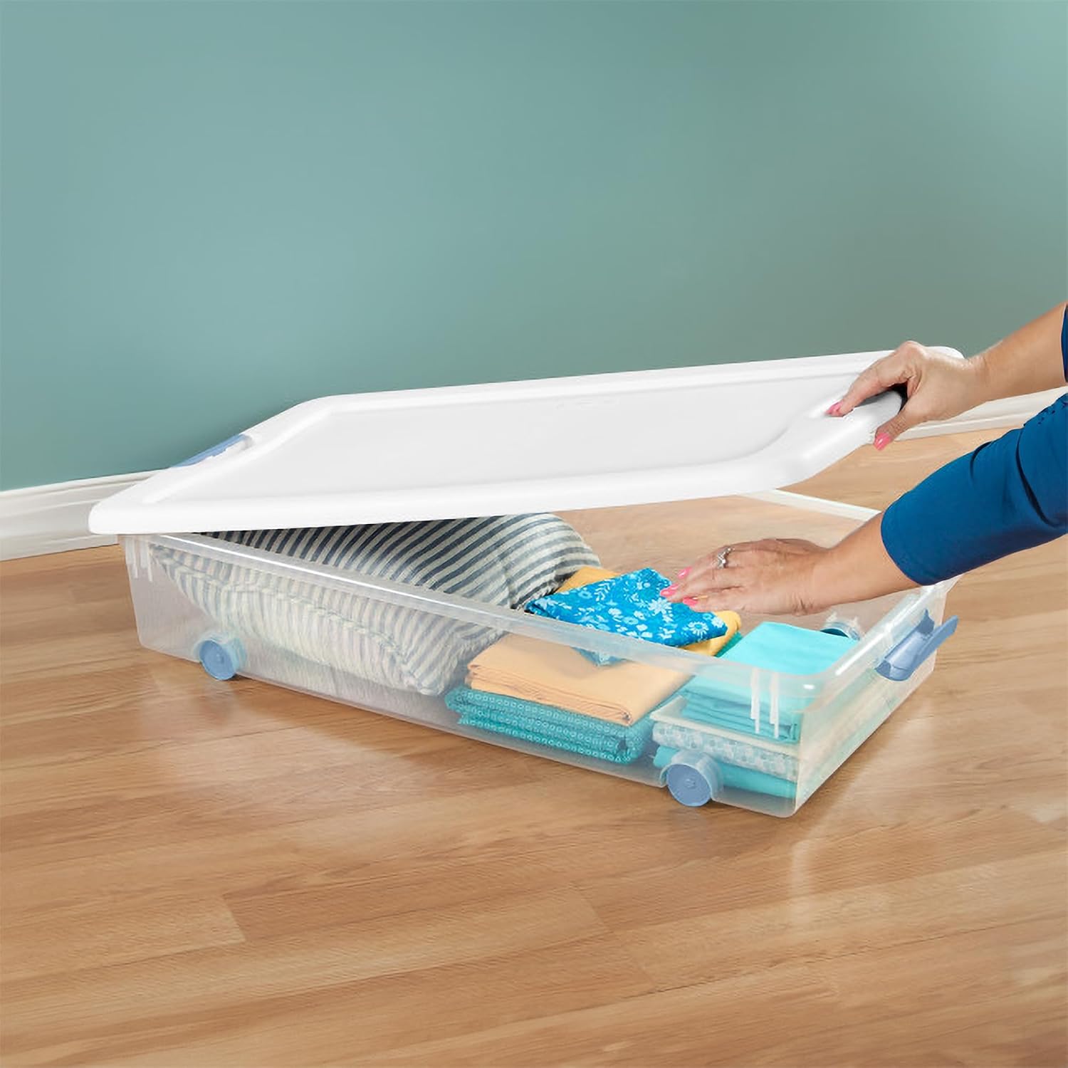 Sterilite 4-Pack 56 Quart Wheeled Latching Box, Underbed Clear Plastic Storage Organizer - Under Bed Rolling Container Bin With Lid And Wheels For Home Or Dorm Bedrooms And Closets
