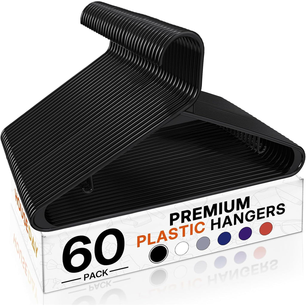House Day Black Plastic Hangers 60 Pack, Clothes Hangers With Non Slip Hooks, Durable & Space Saving Coat Hanger, Light-Weight Clothing Hanger, Perfect Closet Organizer For Everyday Use