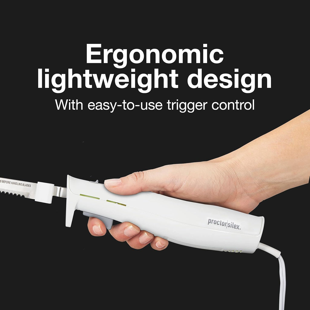 Proctor Silex Easy Slice Electric Knife With Serrated Stainless Steel Blade | For Carving Meats, Bread, Crafting Foam & More | Lightweight With Ergonomic Grip | White | 74312J