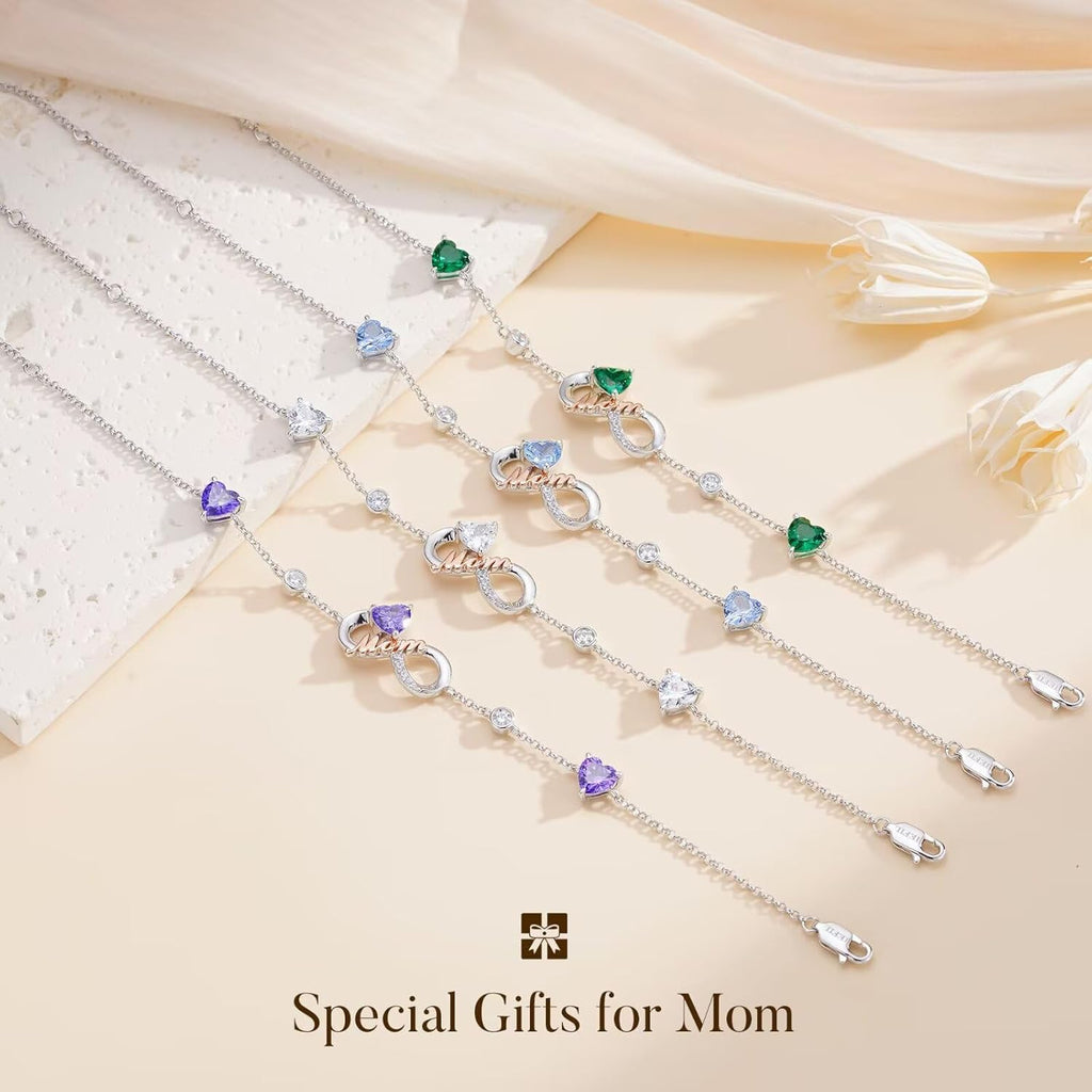 Iefil Mothers Day Gifts for Mom - 925 Sterling Silver Infinity Heart Birthstone Charm Bracelet, Birthday Gifts for New/Bonus Mom/Mother in Law
