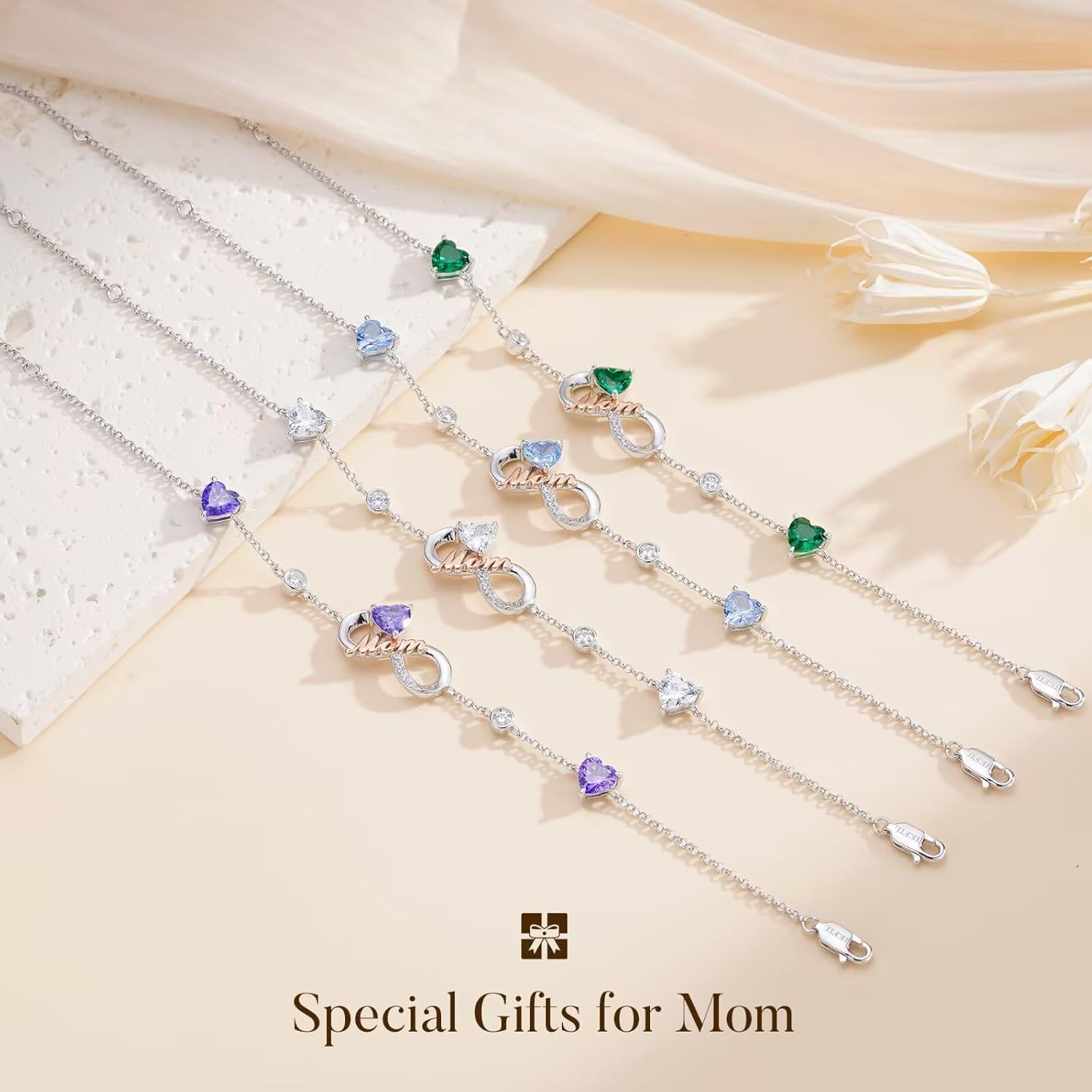 Iefil Mothers Day Gifts for Mom - 925 Sterling Silver Infinity Heart Birthstone Charm Bracelet, Birthday Gifts for New/Bonus Mom/Mother in Law