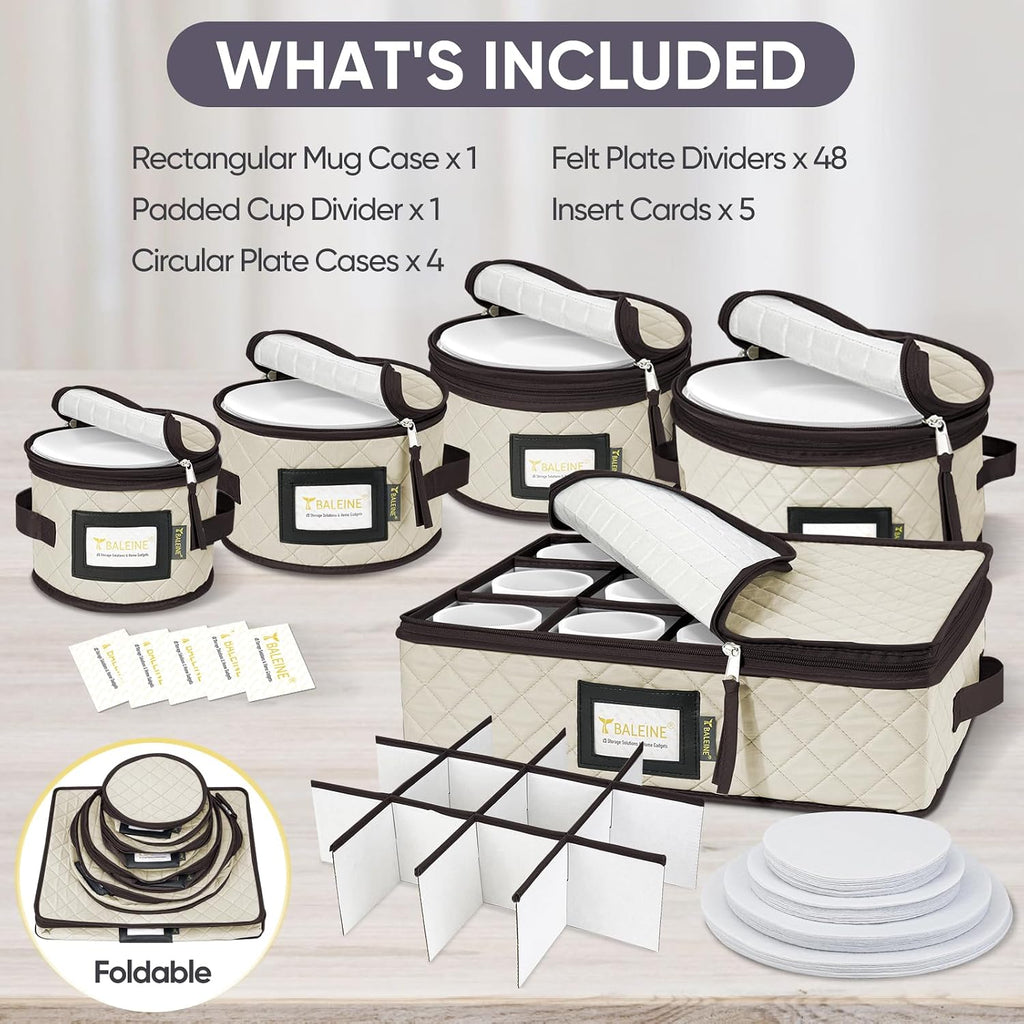 Baleine China Storage Containers, Sturdy Quilted Wine Glass Storage, Plate Organizer With Carry Handles, Moving Boxes For Dishes, Cups, Mugs And Stemware (Plate Mug Combo, Soft Shell Cream)