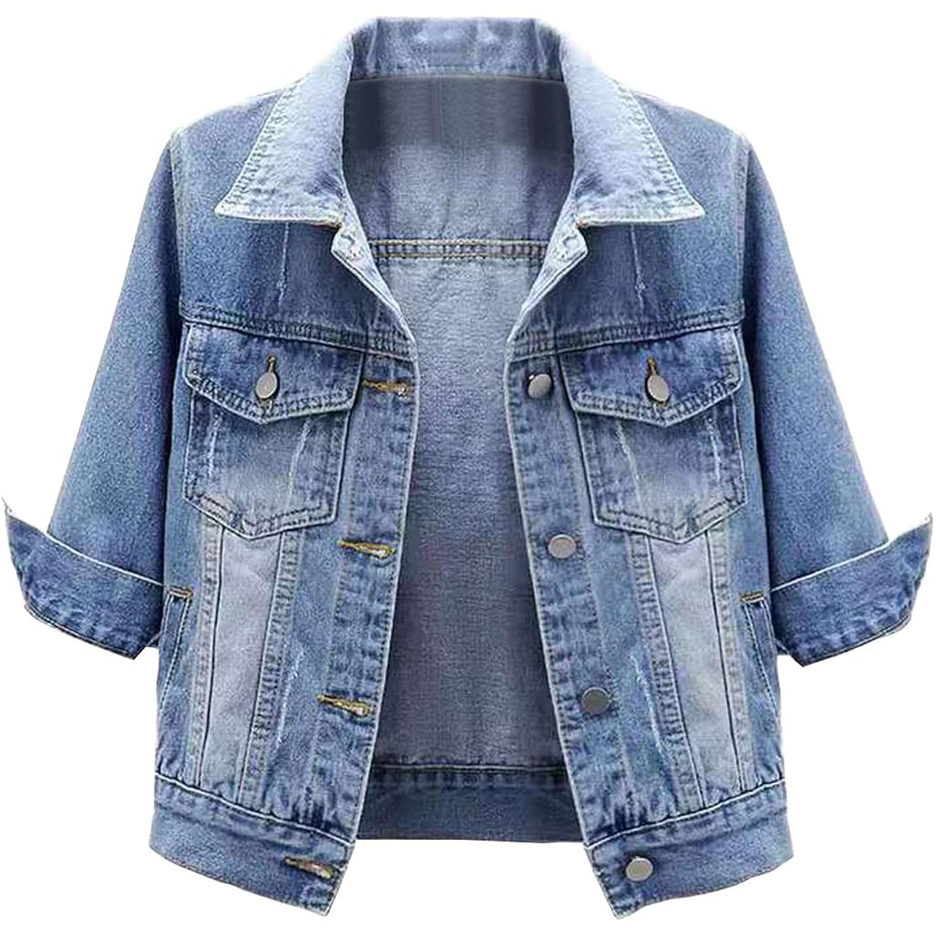 Womens 3/4 Sleeve Short Denim Jacket Lapel Button Down Cropped Trucker Jean Jackets Coats
