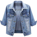 Womens 3/4 Sleeve Short Denim Jacket Lapel Button Down Cropped Trucker Jean Jackets Coats