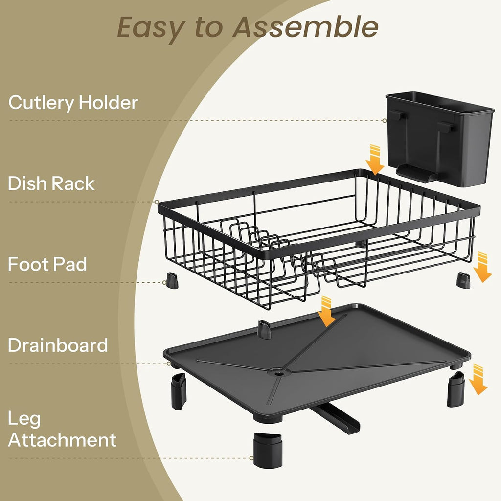 Sntd Dish Drying Rack - Space-Saving Dish Rack For Kitchen Counter, Stainless Steel Dish Drainer With Utensil Holder And Drainboard, 11" W X 15" L (Black)
