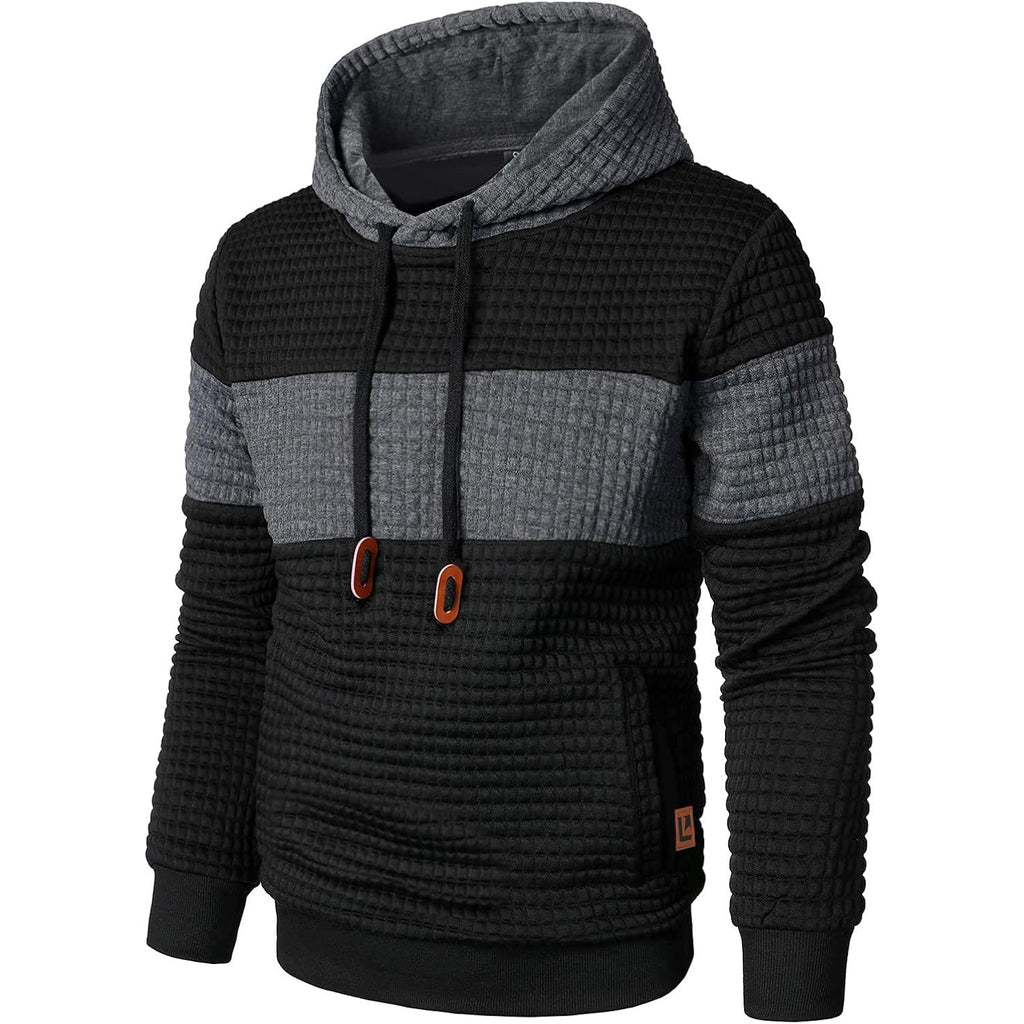 Qichic Men’S Sweatshirts Long Sleeve Pullover Patchwork Plaid Jacquard Hoodie Casual Drawstring Hoody Top