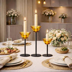 Smytle Amber‑Gold Glass Candlestick Holders with Weighted Black Metal Base, Set of 3 Amber Candle Holders for Both Taper and Tea Light Candles, Boho & Autumn Table Decor, Wedding Centerpiece