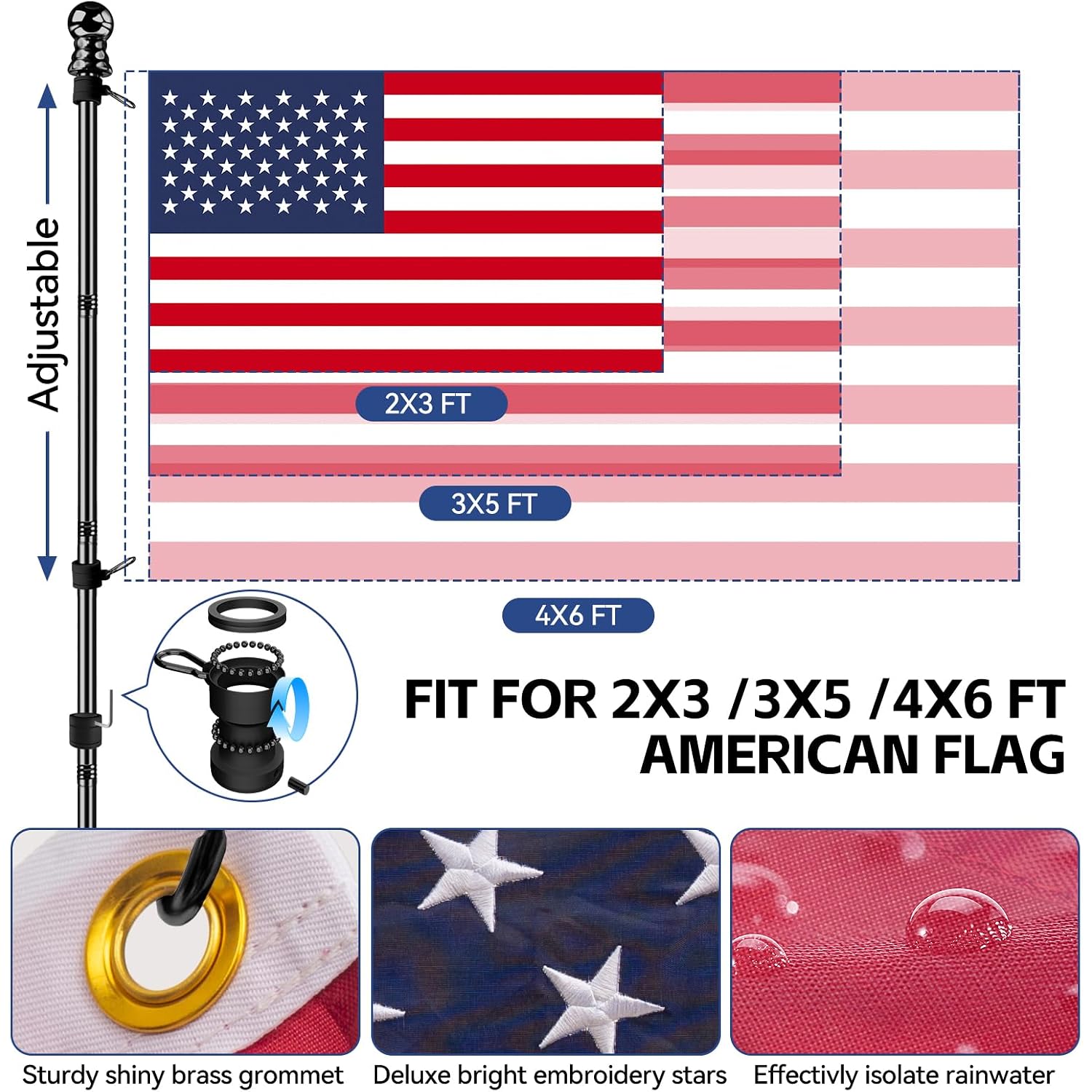 American Flag With Pole For House Outside, Including 5Ft Heavy Duty Flag Aluminum Poles Kit And 100% Polyester 3X5 Ft Us Flag, No Tangle Spinning Pole And Multi-Position Flag Pole Bracket