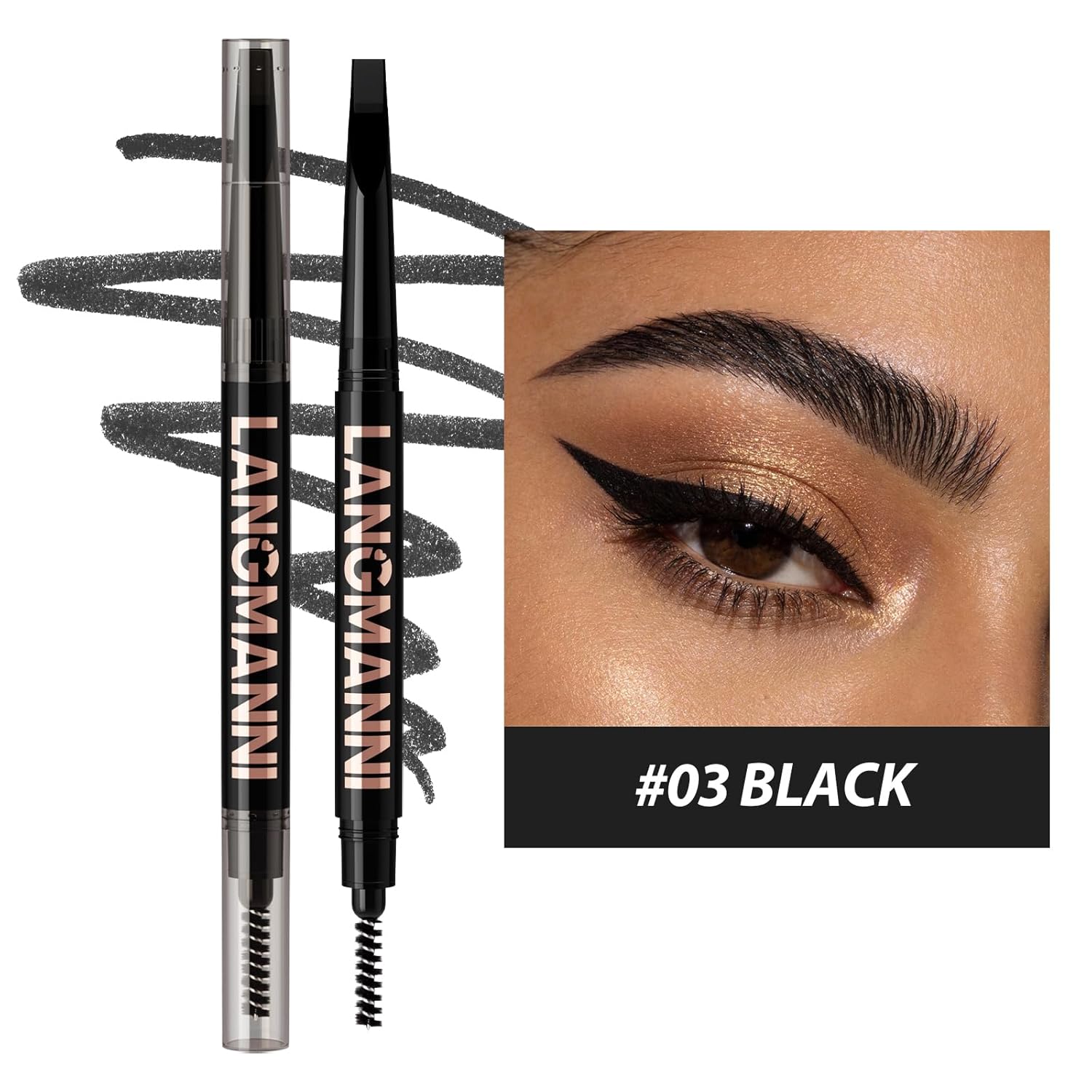 LANGMANNI Dual-Ended Eyebrow Pencil & Spoolie Brush | Ultra-Fine Tip Sculpting Pencil with Blending Brush For Natural Hair-Like Strokes & Groomed Brows (#03 Black)