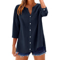 Lomon Womens 3/4 Sleeve Button Down Shirts Cotton Linen Roll Up Short Sleeve Tops V Neck Casual Loose Fit Blouses