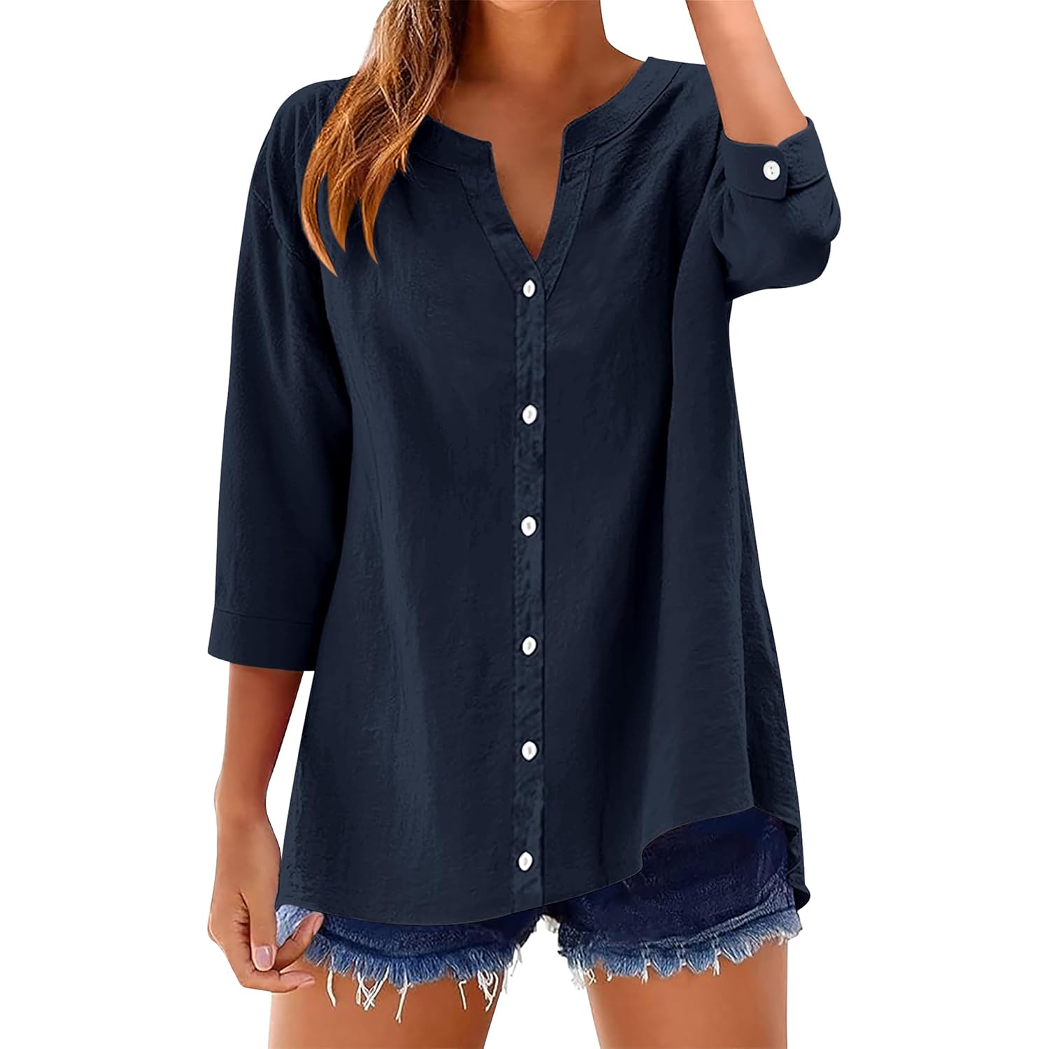 Lomon Womens 3/4 Sleeve Button Down Shirts Cotton Linen Roll Up Short Sleeve Tops V Neck Casual Loose Fit Blouses