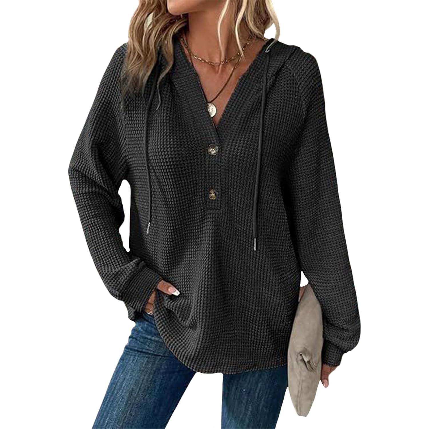 Women'S Waffle Knit Hoodies Long Sleeve V Neck Hooded Sweatshirts Drawstring Casual Fall Pullover Sweaters