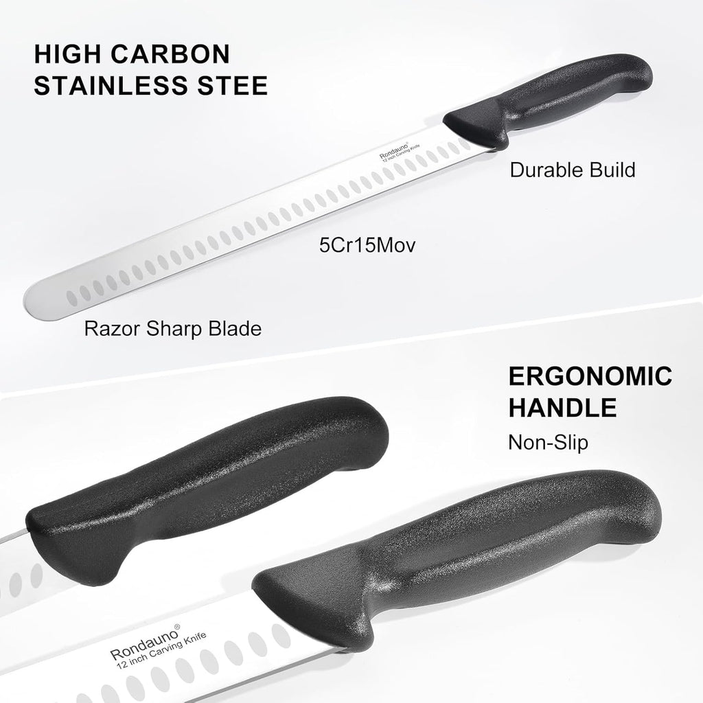 Rondauno Brisket Knife, Carving Knife for Meat with 12 Inch Ultra Sharp Slicing Knives for Cutting BBQ, Turkey and Roast, Premium High Carbon Stainless Steel