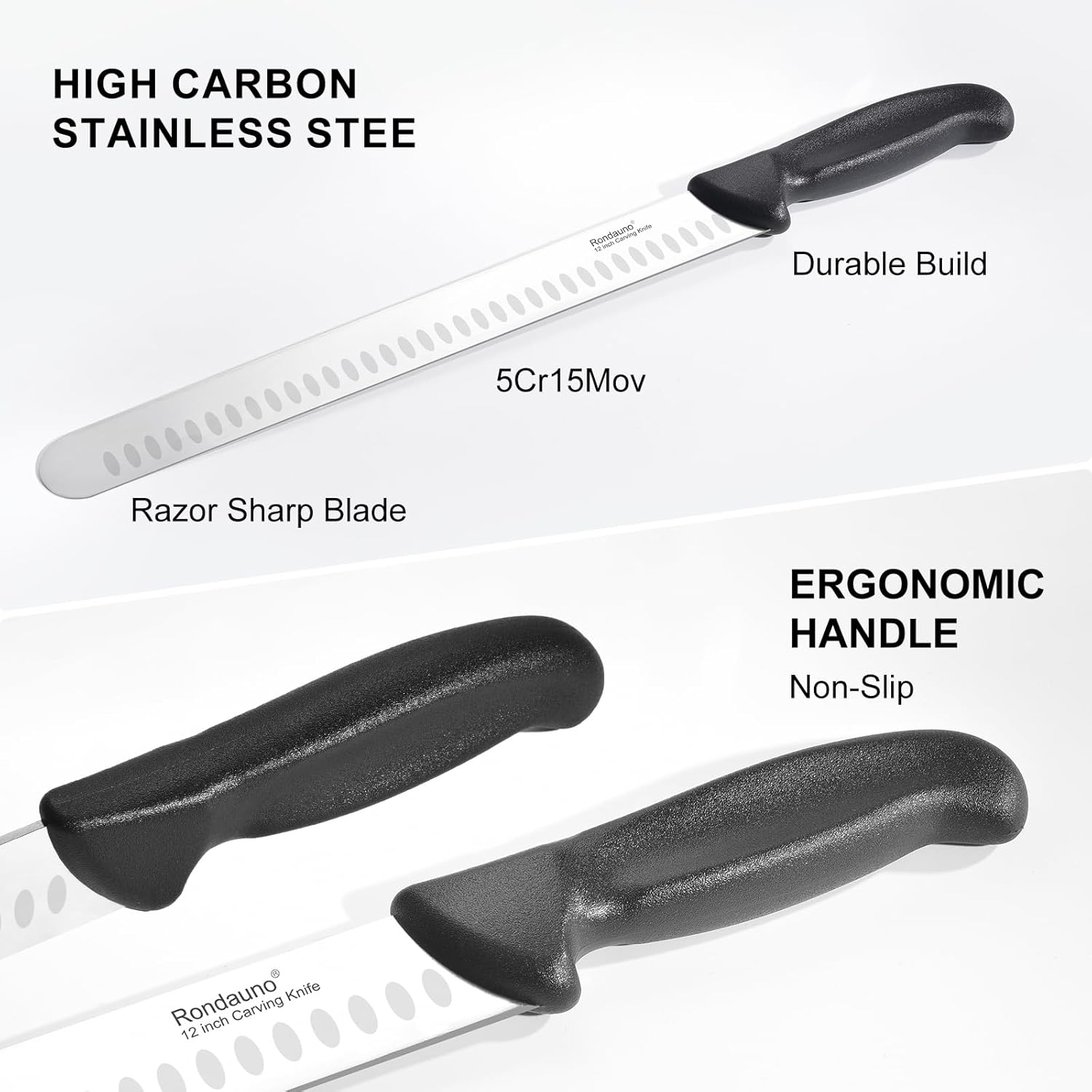 Rondauno Brisket Knife, Carving Knife for Meat with 12 Inch Ultra Sharp Slicing Knives for Cutting BBQ, Turkey and Roast, Premium High Carbon Stainless Steel