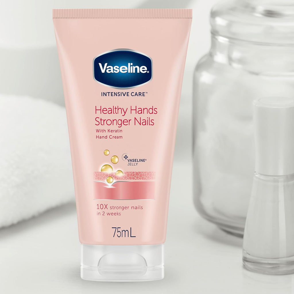 Vaseline Hand Cream 2-Pack – Healthy Hands Stronger Nails with Keratin, 10X Stronger Nails in 2 Weeks, 3.4 Oz Ea
