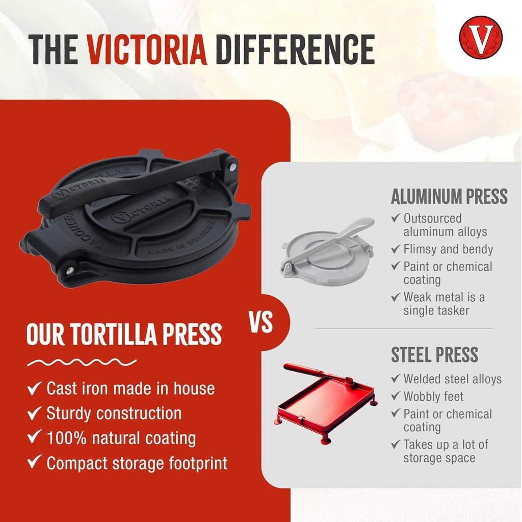 Victoria 8 Inches Cast Iron Tortilla Press, Roti Maker and Tortilladora, Pataconera Seasoned with Flaxseed Oil, Made in Colombia, Traditional Style, Black