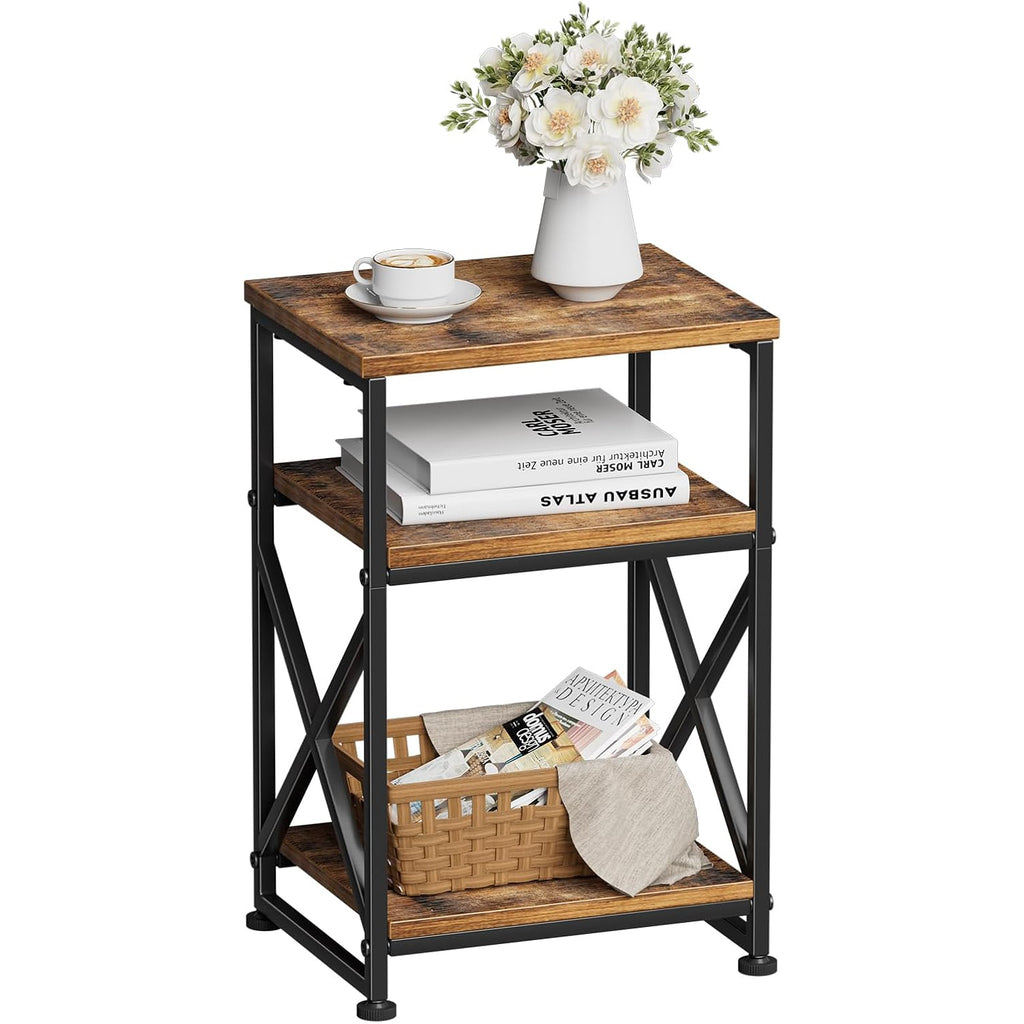 Simple Trending Side Table, End Table With 3 Tiers Open Shelves, Bedside Table For Sofa Couch, Nightstand, Living Room, Bedroom, Rustic Brown