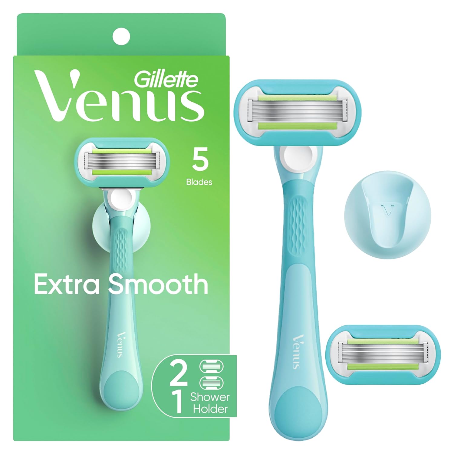 Gillette Venus Extra Smooth Razor for Women, Includes 1 Reusable Razor Handle + 2 Refills, Ergonomic No-Slip Gel Handle and Shower Holder