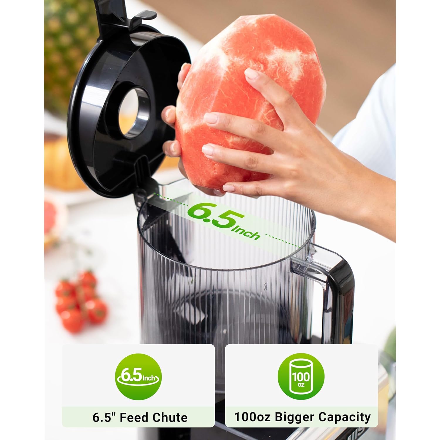 Cold Press Juicer Machine, 6.5" Large Feed Chute Masticating Extractor, Easy to Clean for Whole Fruits & Vegetables, High Yield