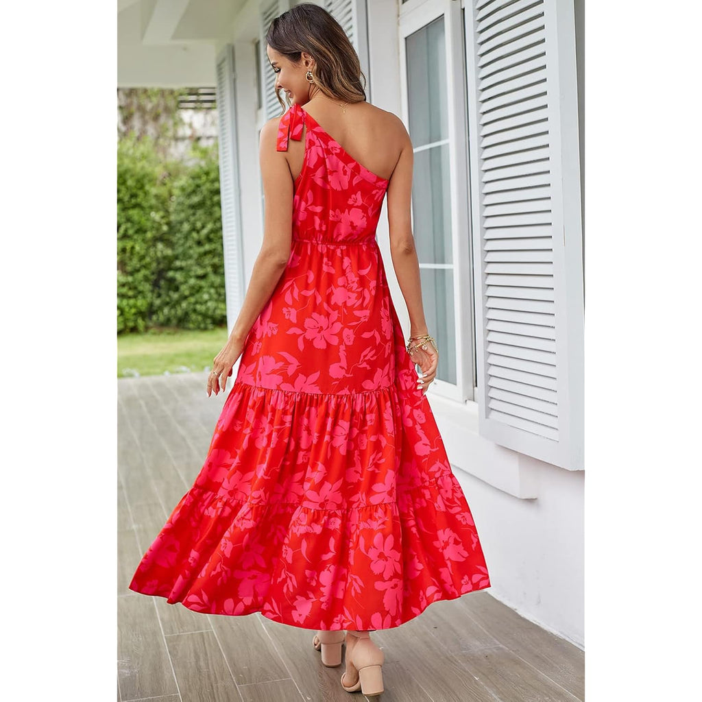 Prettygarden Women'S Summer Floral One Shoulder Maxi Dress Knot Ruffle Boho Beach Vacation Wedding Guest Long Sun Dresses