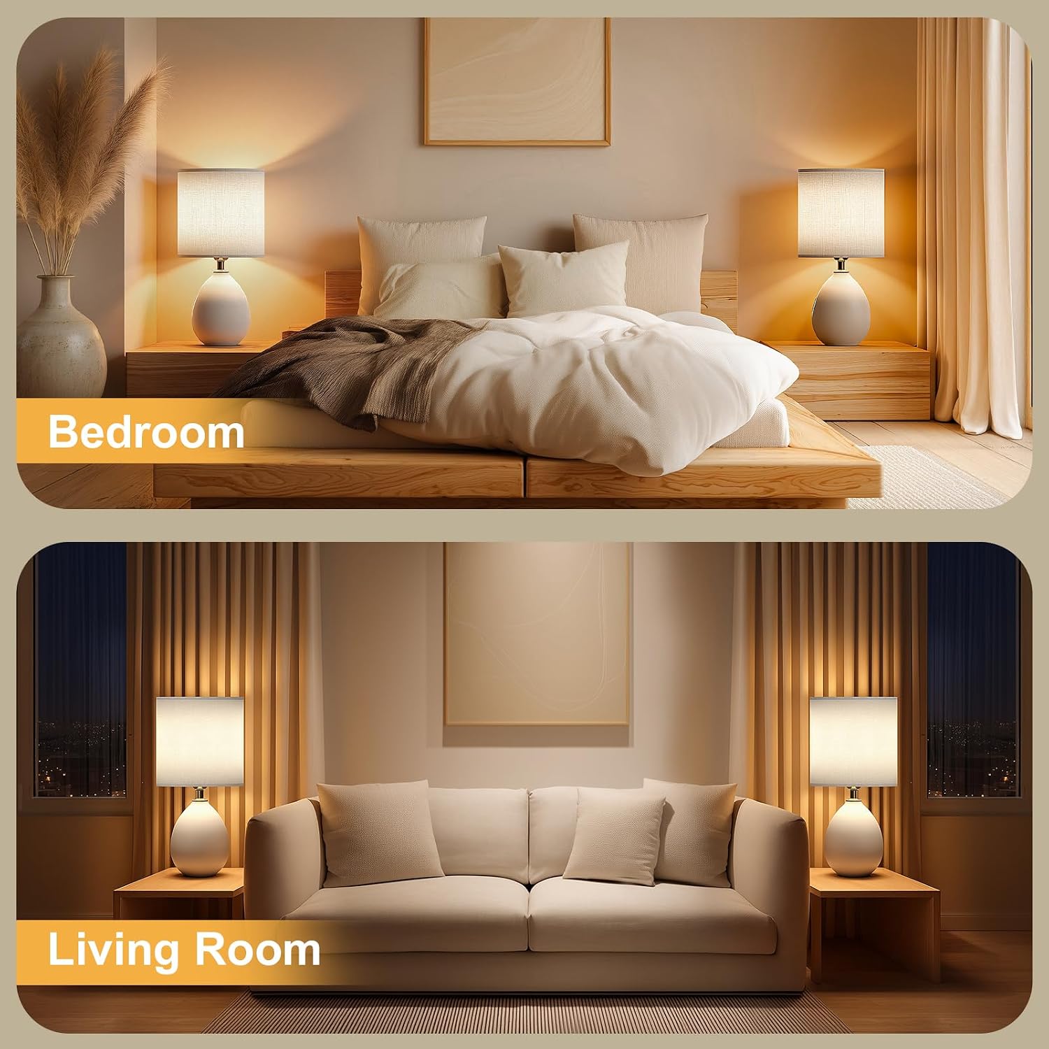 18.5" Table Lamps Set Of 2 For Living Room Bedroom, Bedside Lamps For Night Stands, Desk Nightstand Lamp Dimmable, Modern Linen Cream Ceramic Lamps