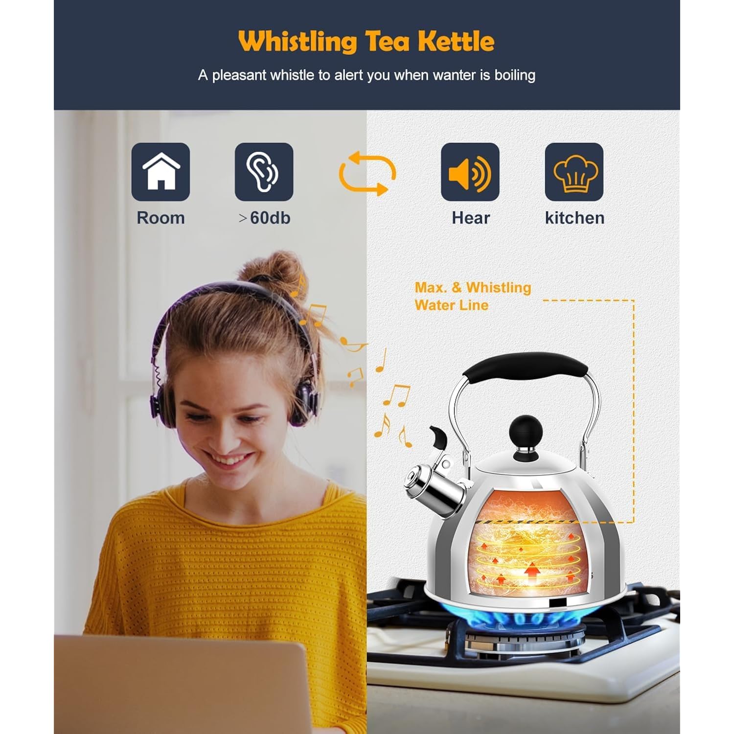 Tea Kettle, 2 Quart Stainless Steel Whistling Tea Kettle, Stovetop Whistling Teakettle Tea Pots for Stove Top with Ergonomic Folding Handle, Small Teapot, Water boiler for Tea, Coffee (Silver)