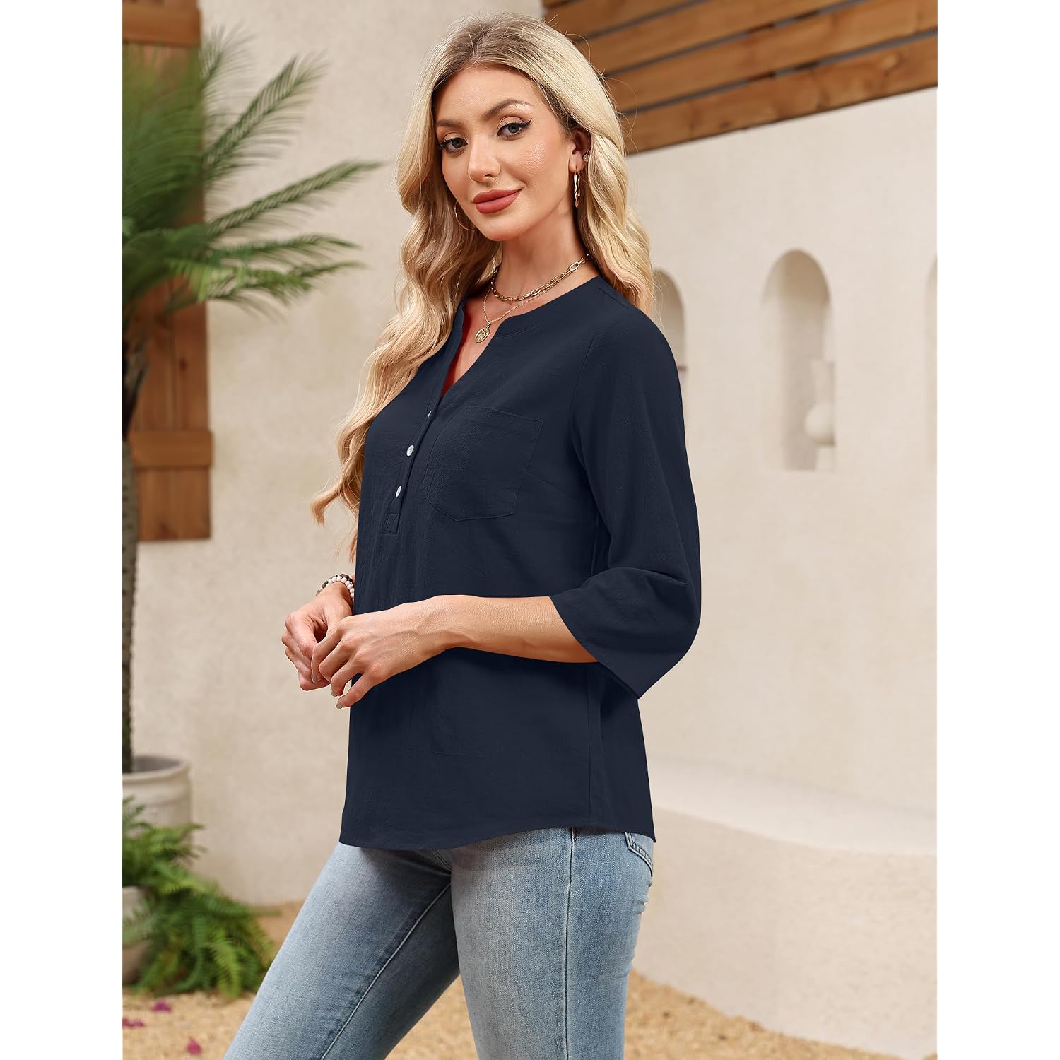 LOMON 3/4 Length Sleeve Womens Tops Cotton Linen Shirts V Neck Loose Fit Casual Blouses Early Fall Fashion Clothes