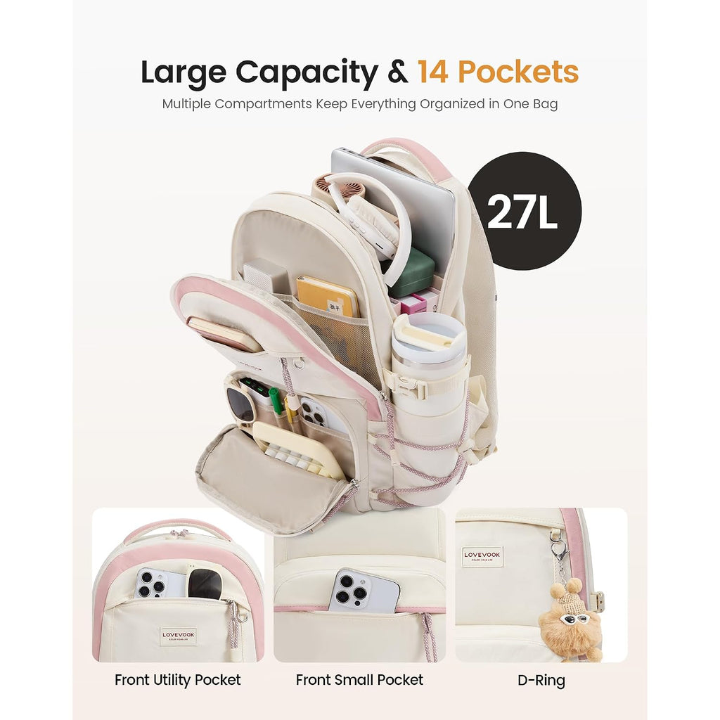 Lovevook School Backpack For Girls, 15.6 Inch Laptop Backpacks With Large Capacity Tumbler Holder, Lightweight College Bag For Women, Cute Travel Teen Bookbag Purse For Students,Off White-Pink