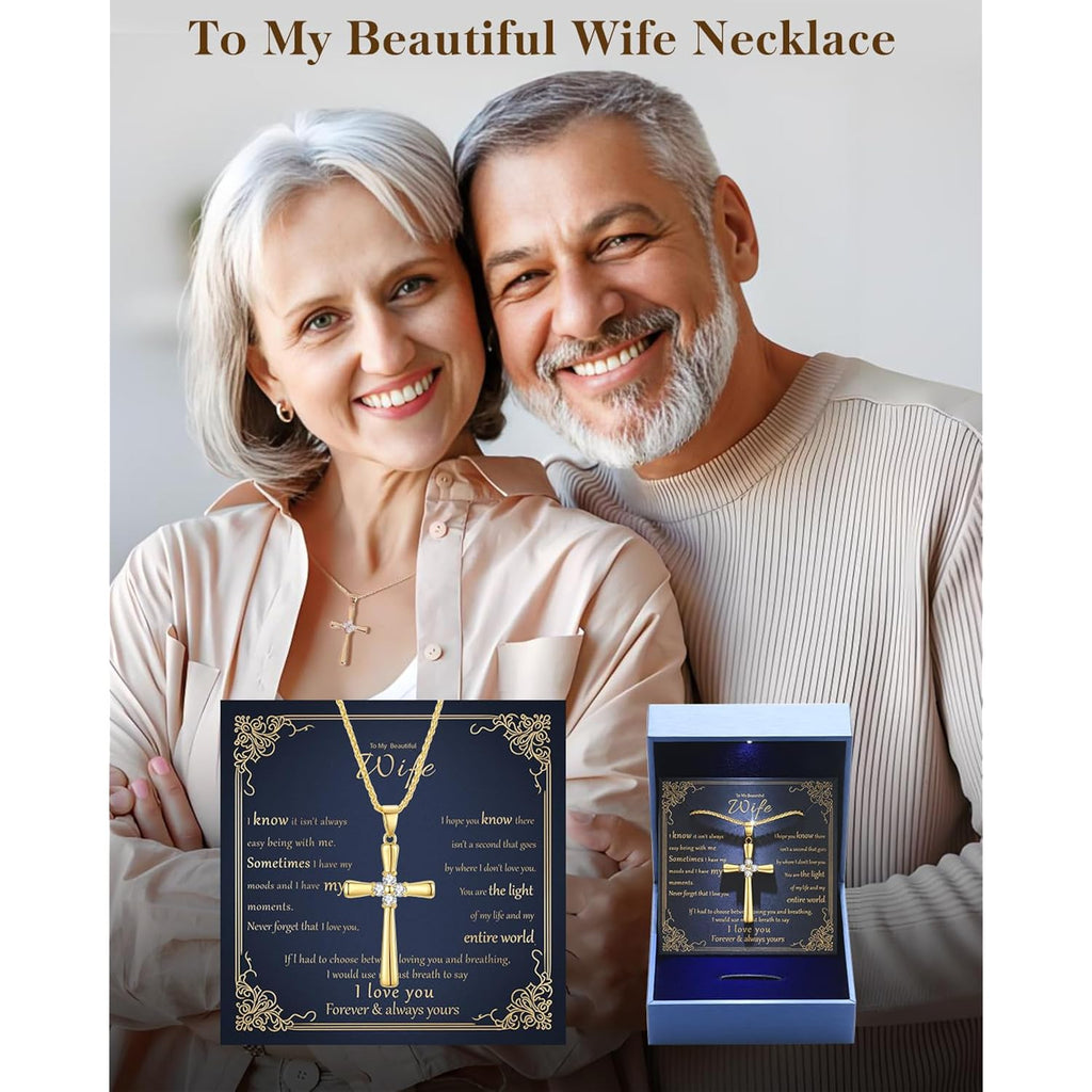Moissanite Cross Necklace for Women Wife, 18K Gold Filled Sterling Silver Cross Pendant Chain Jewelry, Anniversary Birthday Gifts for Women Wife Her with LED Light-Up Gift Box and Gift Card-1CT