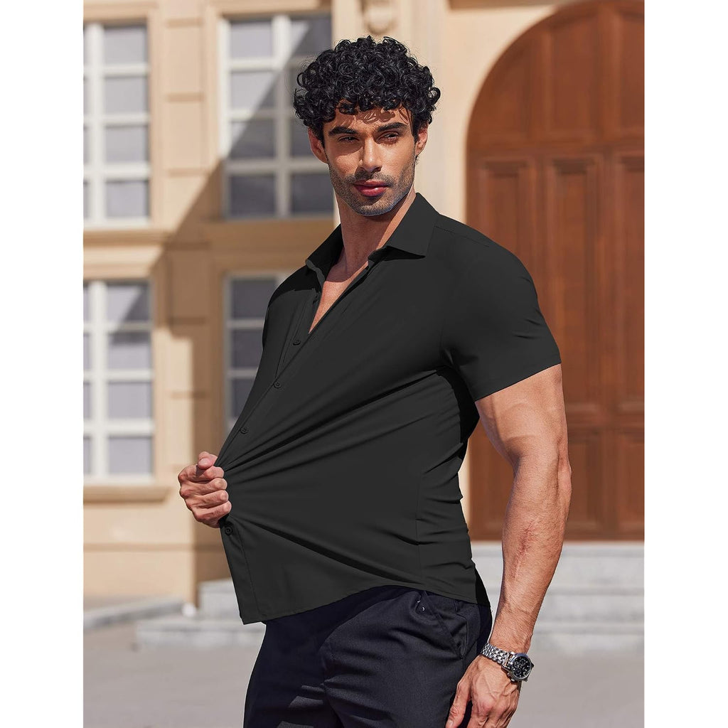 Coofandy Mens Muscle Fit Dress Shirts Stretch Wrinkle Free Short Sleeve Button Down Shirt Casual Solid Untucked Shirt