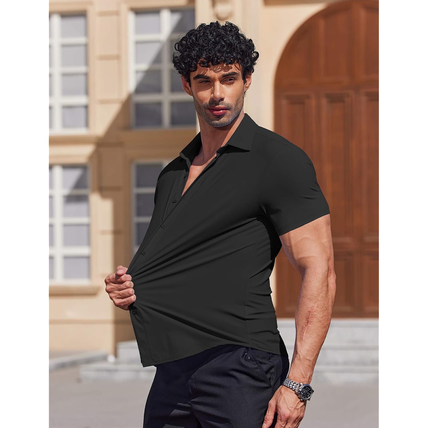 Coofandy Mens Muscle Fit Dress Shirts Stretch Wrinkle Free Short Sleeve Button Down Shirt Casual Solid Untucked Shirt