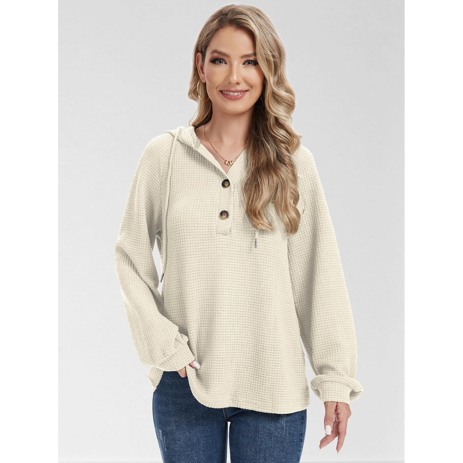 Hoodies Sweatshirt for Women Waffle Long Sleeve Oversized Sweaters Drawstring Button V Neck Casual Pullover Tops