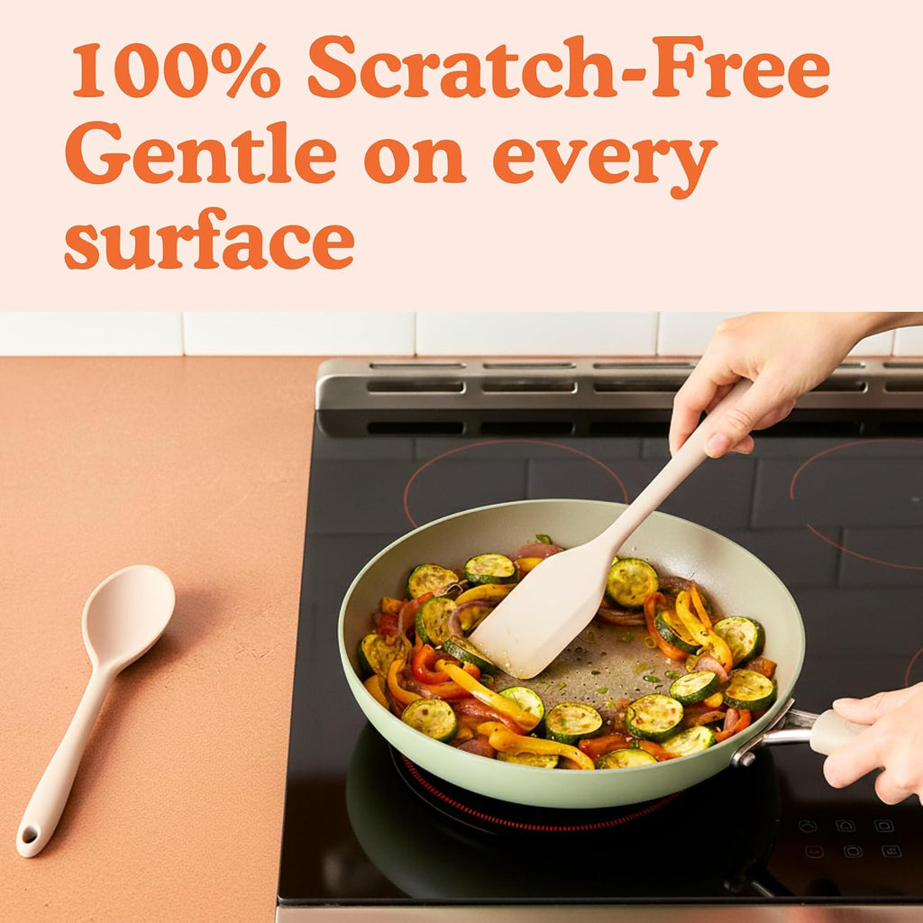 Nontoxic Platinum Silicone Utensils, 100% Plastic-Free, 8-Pcs, Beige | Lfgb-Certified Platinum Silicone. Solid Steel Core, No Hidden Plastics. 500°F Heat Resistant. Non-Scratch. Dishwasher Safe