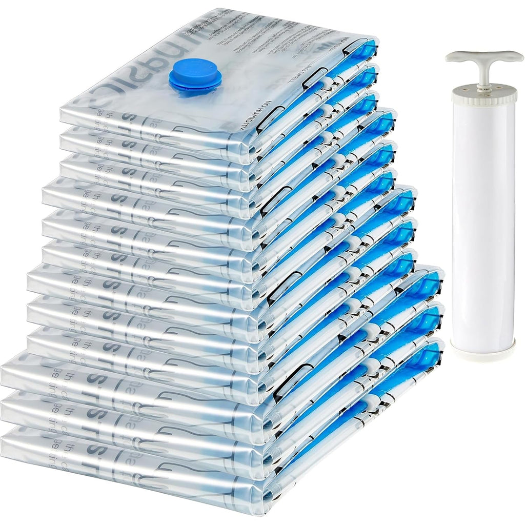 Amazon Basics Vacuum Storage Bags With Hand Pump For Travel, Space Saving Compression Bags For Clothes And Blankets, Clear, 12 Pack (3 Small, 3 Medium, 3 Large & 3 Jumbo)