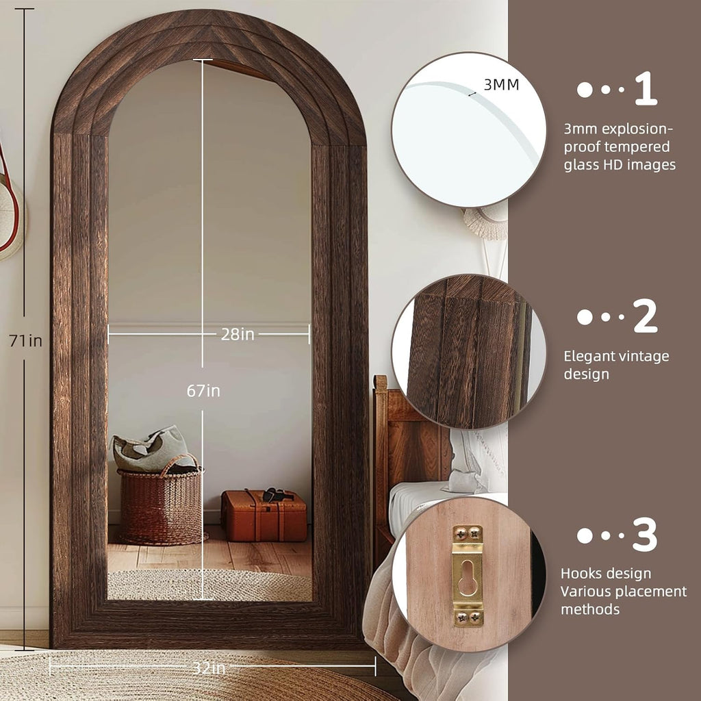 Arched Full Length Mirror With Solid Wood Frame | 71X32 Farmhouse Wall Mounted Floor Mirror With Stand, Vertical Hanging, Leaning Standing For Bedroom, Living Room, Brown