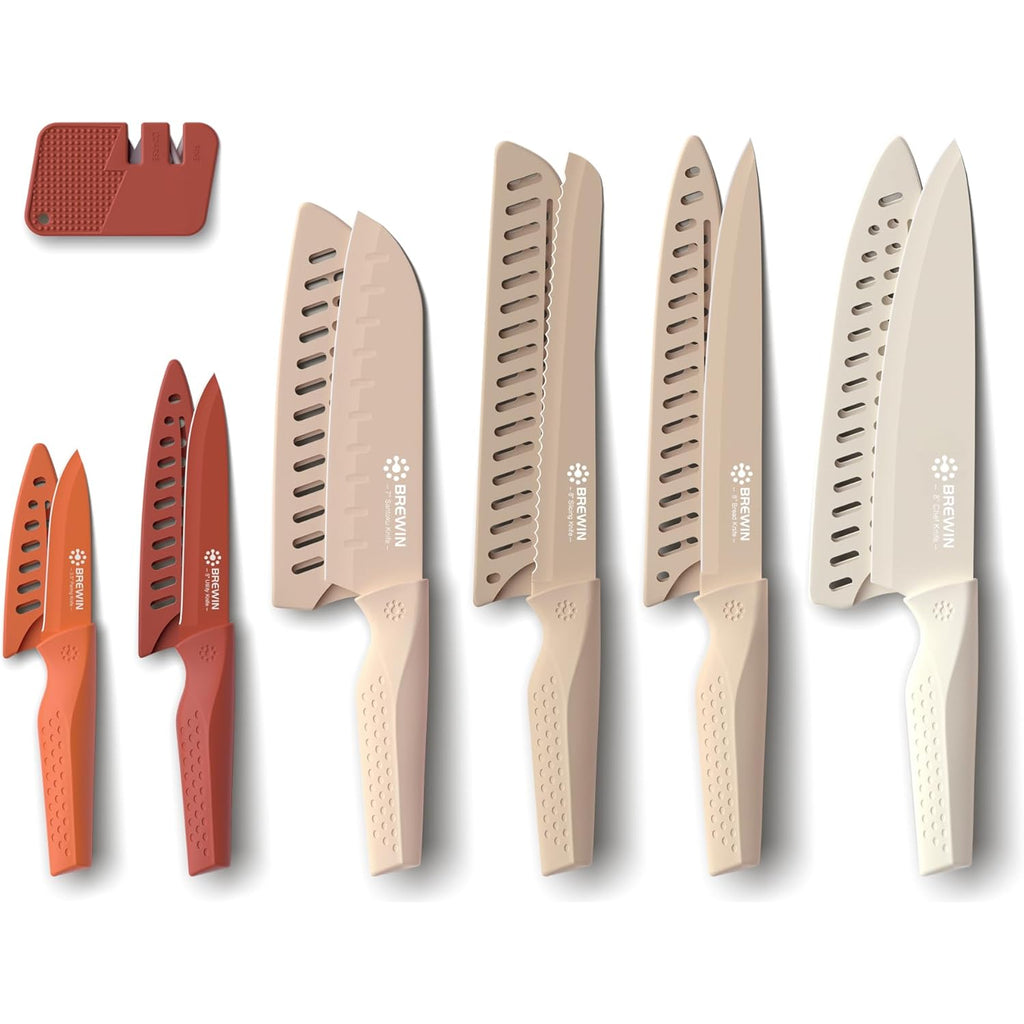 Brewin Knife set, 13 Pieces Kitchen Knives Set with Sharpener, Anti-Rust Coating and Blade Guard, Home Essentials, Camping Essentials - Muliticolor