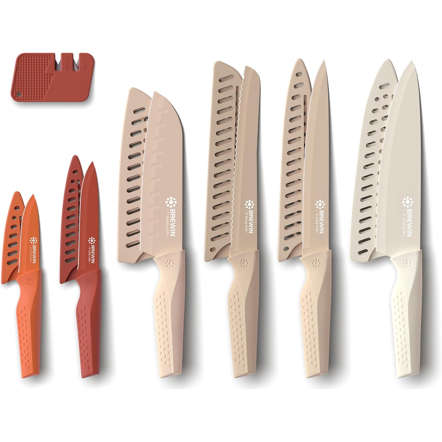 Brewin Knife set, 13 Pieces Kitchen Knives Set with Sharpener, Anti-Rust Coating and Blade Guard, Home Essentials, Camping Essentials - Muliticolor