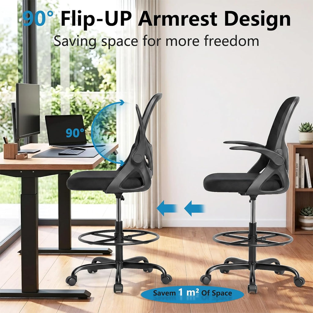 Drafting Chair Tall Office Chair, Ergonomic Standing Desk Chair With Adjustable Foot Ring And Flip-Up Armrests, Mesh Computer Chair For Art Studio, 300 Lbs, Black