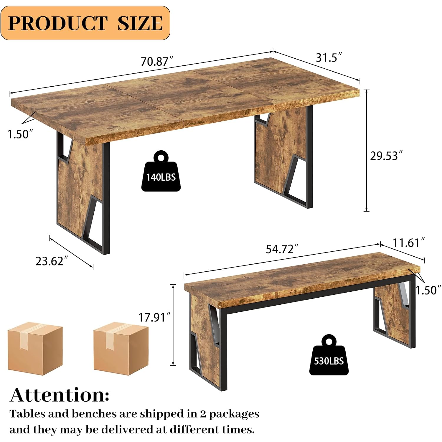 70.8" Wooden Dining Table With 2 Benches, Modern Kitchen Table And Chairs Set For 4-6 Person, Thickened Mdf Wooden Table With Dining Bench For Living Dining Room, Kitchen, Office