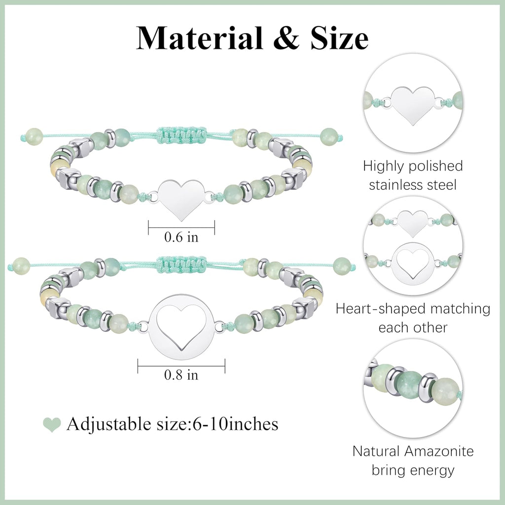 JoycuFF Mother Daughter Bracelets Set, Natural Amazonite Stainless Steel Heart Jewelry for Women, Mothers Day Gifts for Mom/Daughter, Adjustable Matching Bracelets for Mommy and Me Gifts