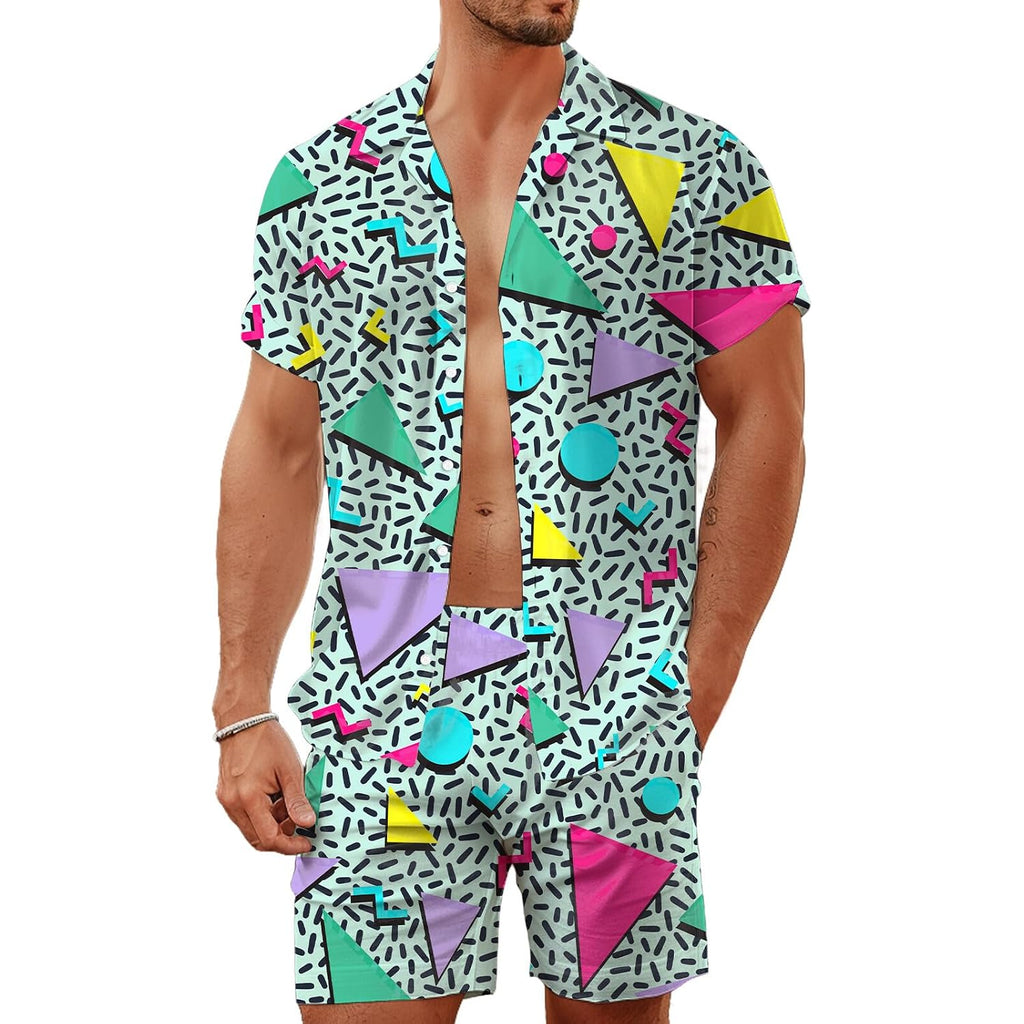 80S 90S Men'S Hawaiian Outfits 2 Piece Shirt And Shorts Sets Button Down Beach Suits Disco Party