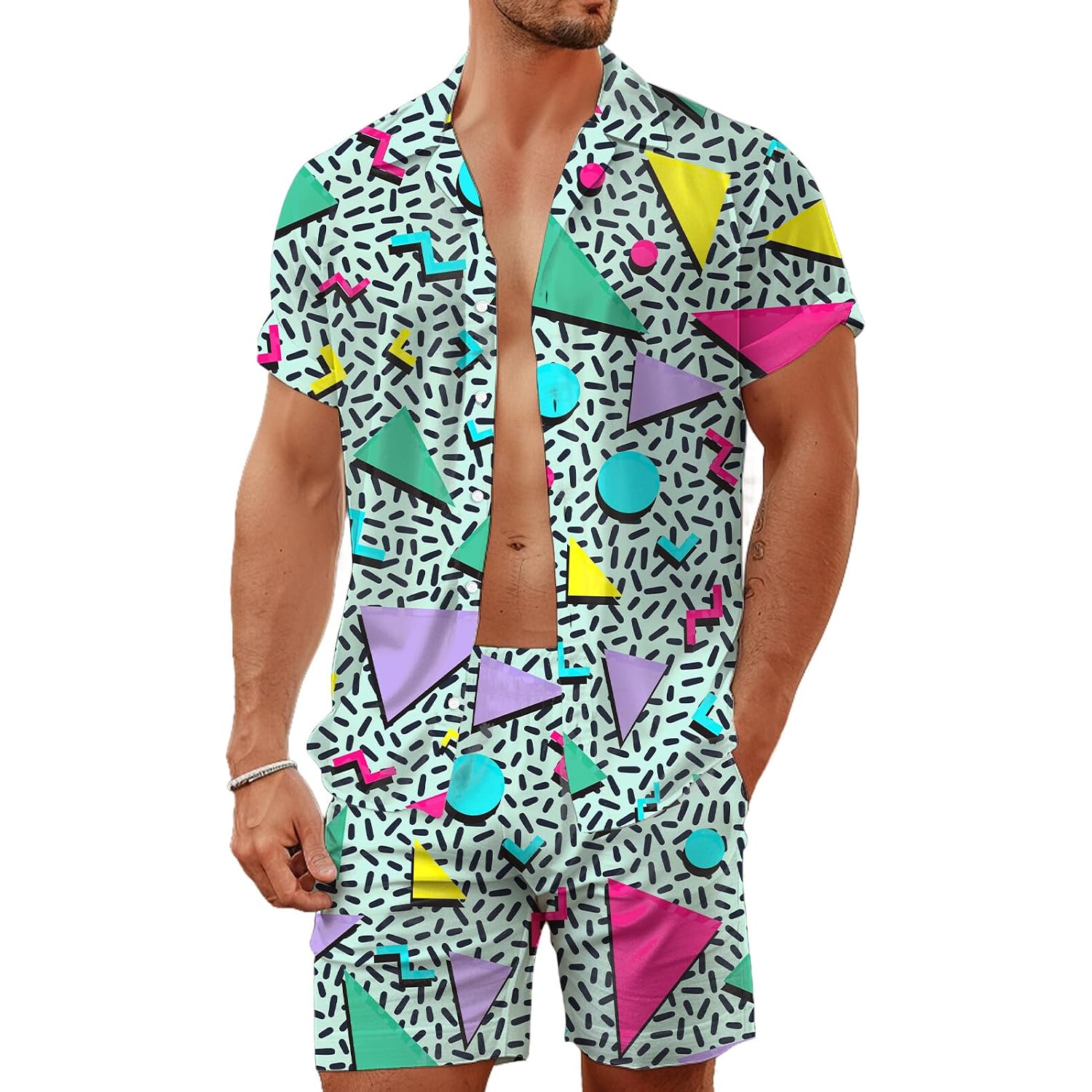 80S 90S Men'S Hawaiian Outfits 2 Piece Shirt And Shorts Sets Button Down Beach Suits Disco Party