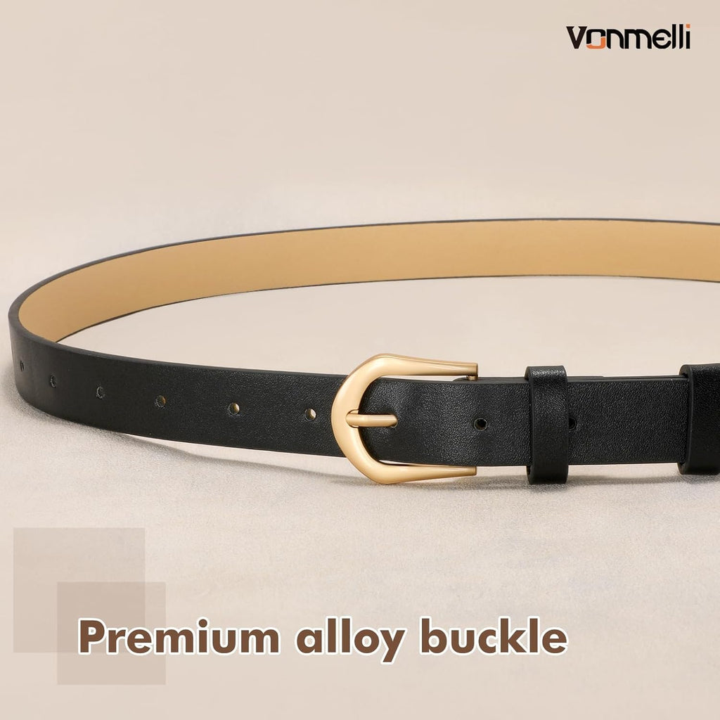 VONMELLI 4 Pack Womens Thin Leather Belt Skinny Waist Belts for Women Fashion Jeans Dress with Gold Buckle