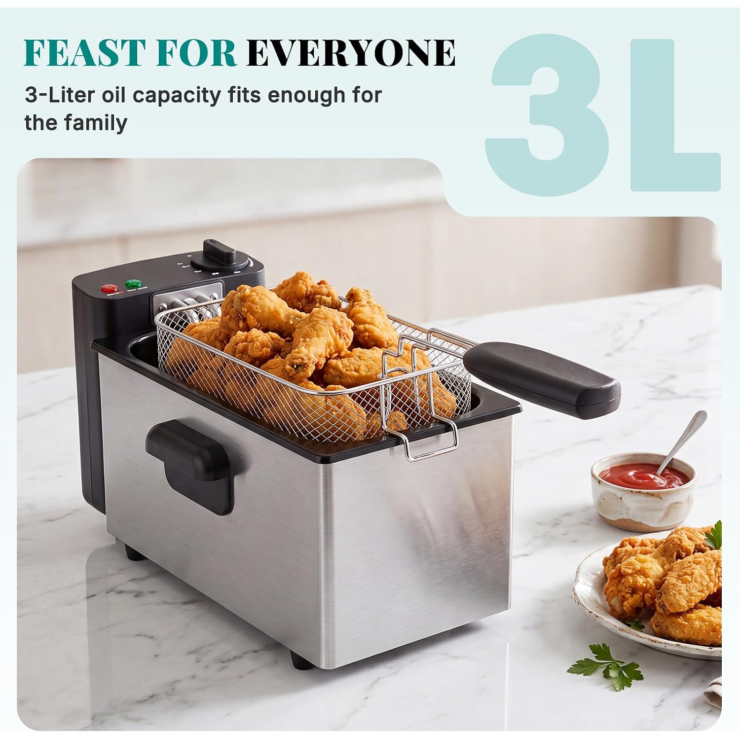 Olixis Deep Fryer For Home Use, Small Electric Fryer With 3 Liter Capacity, 1500W Power, 4 Adjustable Temp, Lid With Viewing Window For Fried Chicken, Shrimp, French Fries, Silver