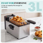 Olixis Deep Fryer For Home Use, Small Electric Fryer With 3 Liter Capacity, 1500W Power, 4 Adjustable Temp, Lid With Viewing Window For Fried Chicken, Shrimp, French Fries, Silver