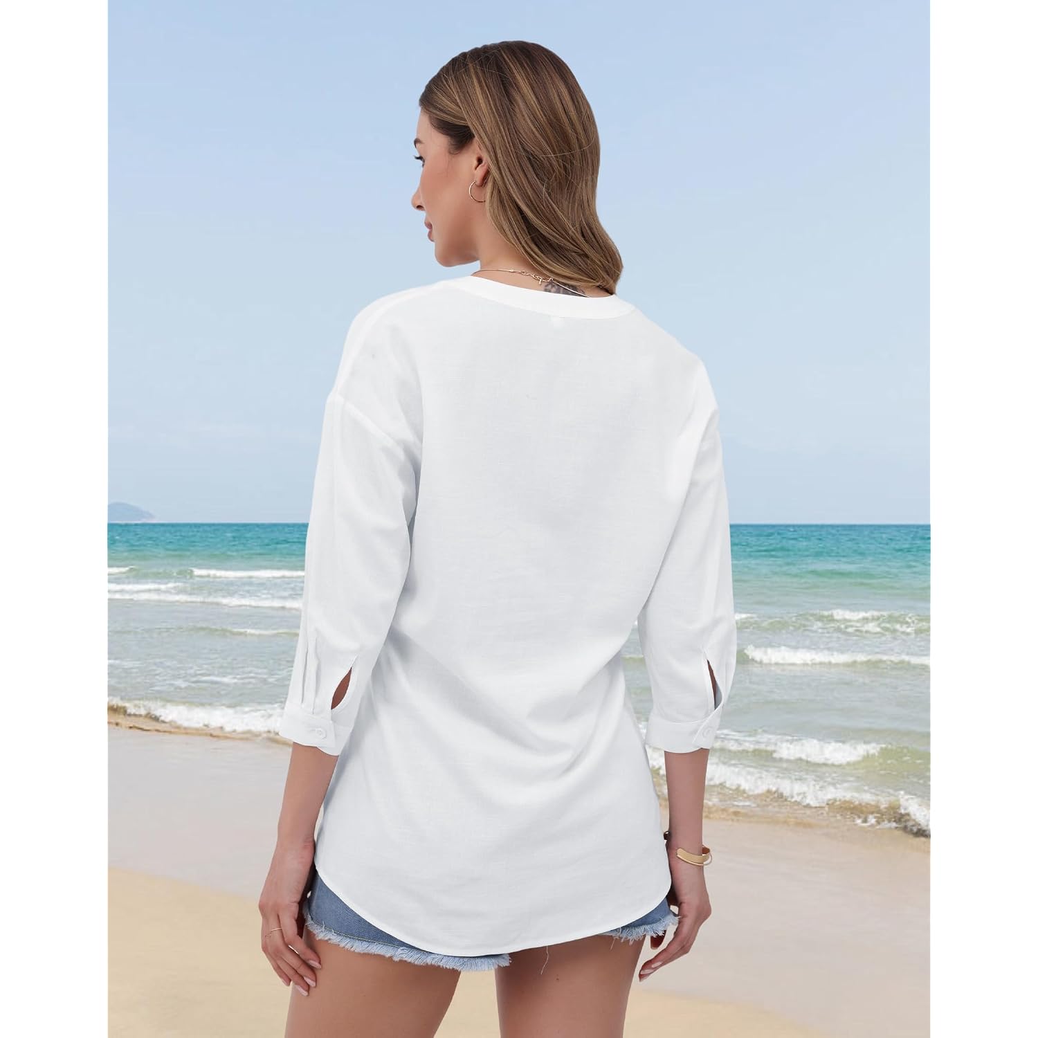 Womens Cotton Button Down Shirts 3/4 Sleeve Casual Loose Fit V Neck Stylish Breathable Summer Spring Blouses Top